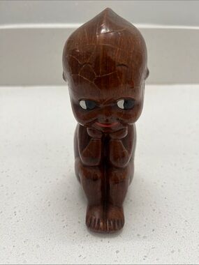 Rare Hand Carved Wood Kewpie-Style Figurine in Warm Brown thinker
